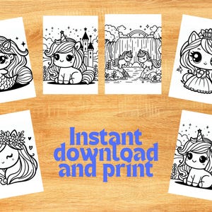 May include: Set of six black and white printable coloring pages featuring cute unicorn illustrations. Each page features a different unicorn design, including a unicorn with a crown, a unicorn with a flower crown, a unicorn with a mermaid tail, and a unicorn in a castle.