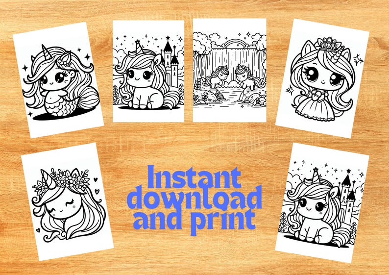 May include: Set of six black and white printable coloring pages featuring cute unicorn illustrations. Each page features a different unicorn design, including a unicorn with a crown, a unicorn with a flower crown, a unicorn with a mermaid tail, and a unicorn in a castle.