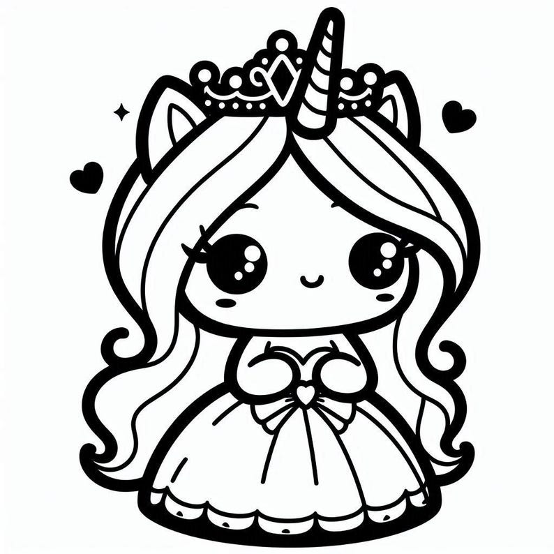 May include: A black and white line drawing of a unicorn princess wearing a crown and a dress. She has large eyes and a sweet smile.