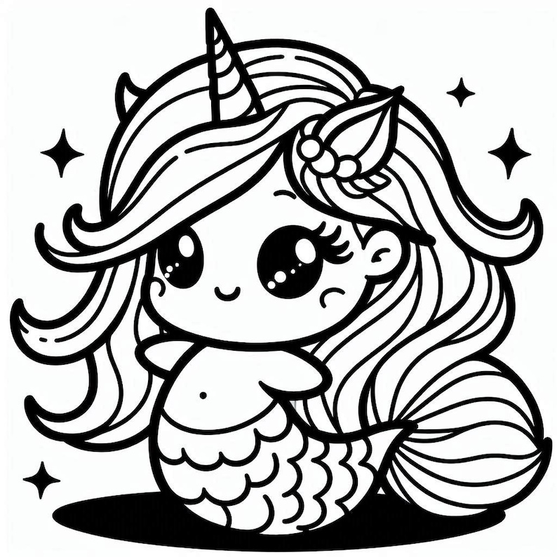 May include: A black and white line drawing of a cute cartoon mermaid with a unicorn horn, large eyes, and a mermaid tail. The mermaid has long flowing hair and a crown on her head.