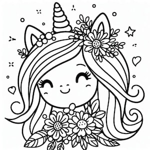May include: A black and white line drawing of a unicorn with a flower crown and a bouquet of flowers. The unicorn has a happy expression and is looking at the viewer.