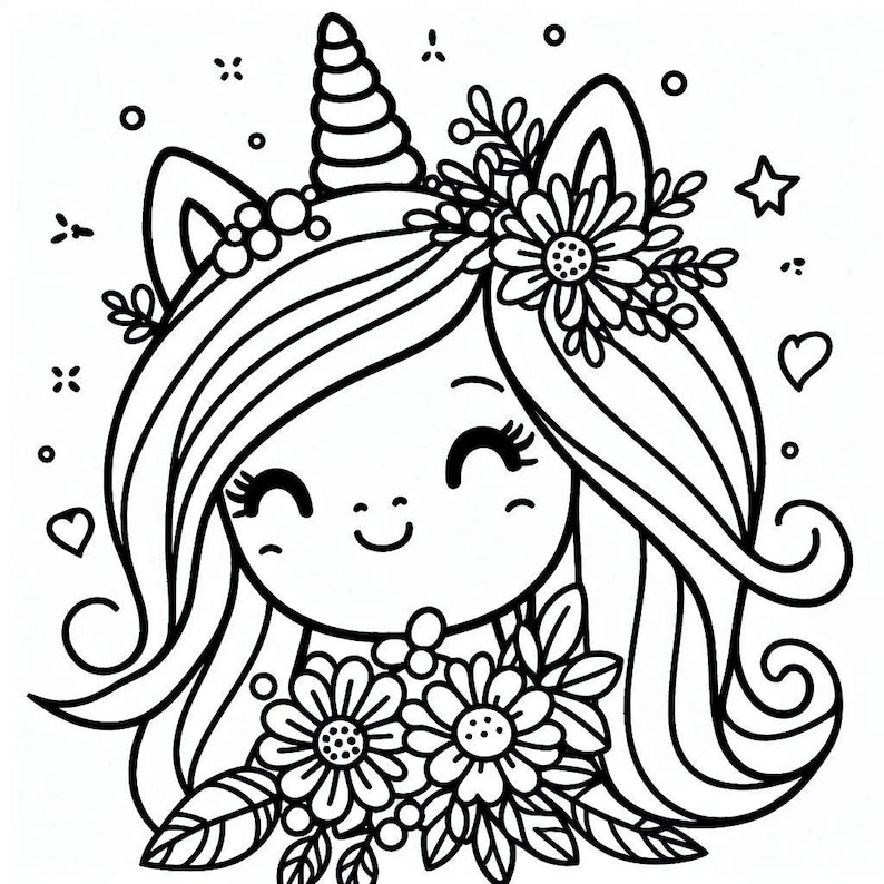 May include: A black and white line drawing of a unicorn with a flower crown and a bouquet of flowers. The unicorn has a happy expression and is looking at the viewer.