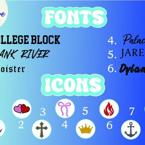 May include: A graphic with the text "I don't care" and lists of fonts and icons. The fonts include College Block, Blank River, Cloister, Palace, Jared, and Dyland. Icons include hearts, a cross, a bow, a flame, a crown, and an anchor.