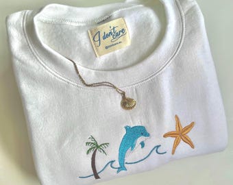 Embroidered beach sweatshirt, Sea Lover Gift, Custom Bach Crewneck, Summer t shirts for women, Summer sweatshirts, Dolphin tshirt, Sea vibes