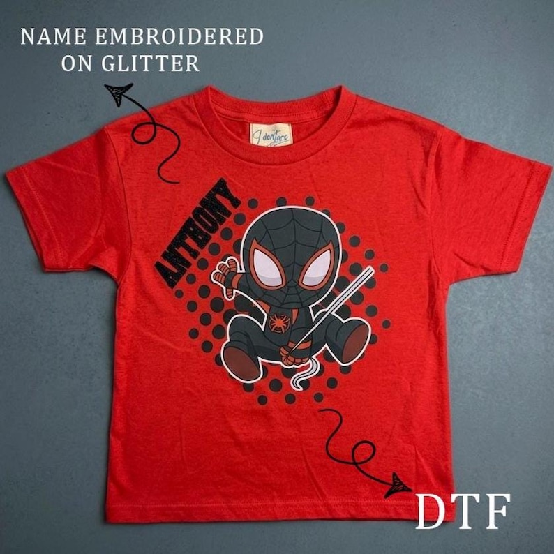 Red kids t-shirt with cute Miles Morales Spiderman design, superhero birthday shirt for boys, comic style graphic tee, perfect for kids birthday party outfit or gift