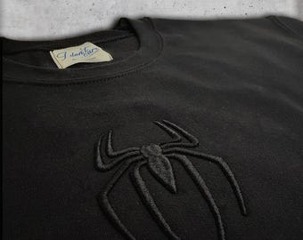 Black Spider Embroidery Sweatshirt, 3D Puff Spider Crewneck, Gothic Streetwear Gift For Him Her, Dark Embroidered Unisex Pullover