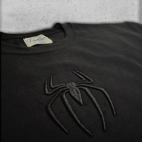 3D Puff Spider Embroidery Sweatshirt, Gothic Streetwear Crewneck, Dark Aesthetic Pullover, Unisex Black Goth Sweater, Black on black hoodie