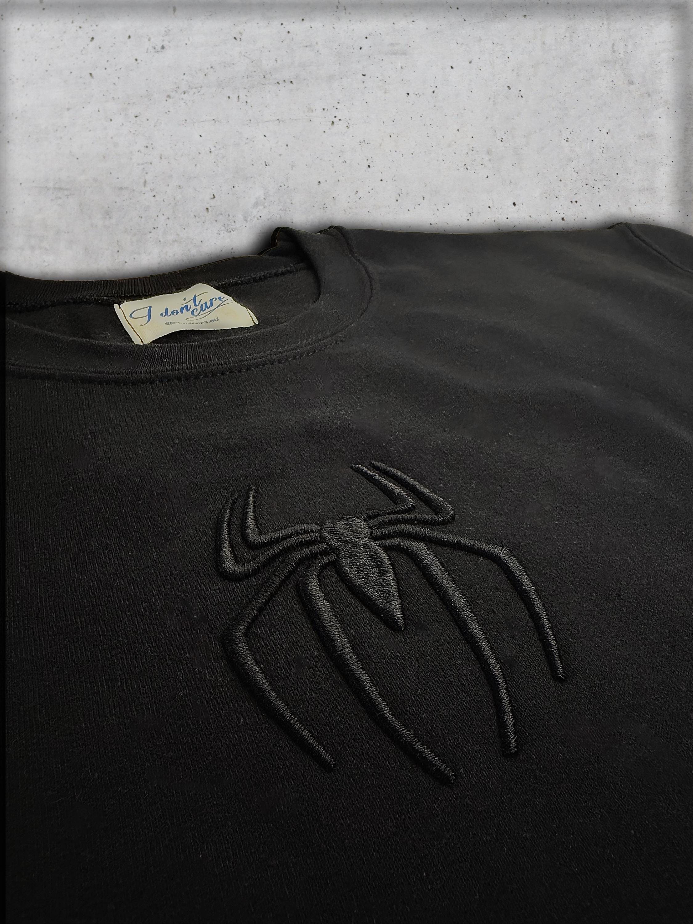 3D Puff Spider Embroidery Sweatshirt, Gothic Streetwear Crewneck, Dark Aesthetic Pullover, Unisex Black Goth Sweater, Black on black hoodie