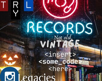 Può includere: Un'insegna al neon per un negozio di dischi chiamato "Planet Arcadia Records". L'insegna è rossa e blu e presenta un disco stilizzato con un centro luminoso. Il testo "Not old, Vintage" è sotto l'insegna. Il negozio si chiama "Legacies" e ha un pin di posizione e un'icona di Instagram. Il negozio si trova di fronte a una libreria con libri e un cartello che dice "Grazie!"