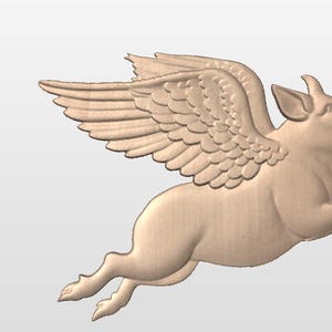 May include: A wooden sculpture of a pig with wings, flying in mid-air. The pig is light brown and has a pink snout and ears.