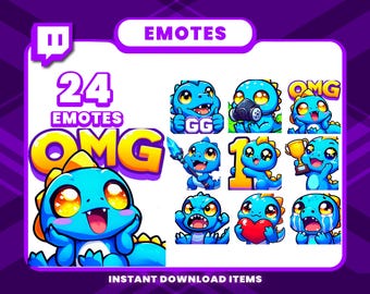 24 Blue Dinosaur Emote Pack, High-Resolution Twitch Emotes, Discord Emotes, PNG Emotes for Streamers, Unique Emotes for Twitch, Chibi Emotes