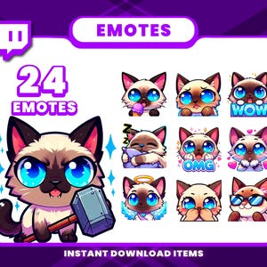 Paket med 24 siamesiska katter-emotes, högupplösta Twitch-emotes, Discord-emotes, PNG-emotes för streamers, unika emotes för Twitch, söta emotes