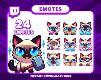 24 Siamese Cat Emote Pack, High-Resolution Twitch Emotes, Discord Emotes, PNG Emotes for Streamers, Unique Emotes for Twitch, Cute Emote