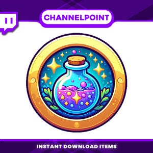 May include: A gold circular frame with a blue background and a purple and blue potion bottle with a cork stopper. The bottle is surrounded by stars and a green leafy design.