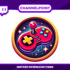 Puede incluir: Gráfico vibrante con un mando de videojuegos rojo con un botón amarillo en forma de cruz y botones azules. El mando está sobre un fondo estrellado dentro de un círculo con borde dorado. El texto "CHANNELPOINT" está en la parte superior.