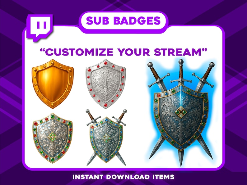 Op de afbeelding: Digitale illustratie met schildontwerpen met zwaarden, juwelen en sierlijke details. Tekst bevat "SUB BADGES", "CUSTOMIZE YOUR STREAM" en "INSTANT DOWNLOAD ITEMS". De schilden zijn goud, zilver en blauwgroen.