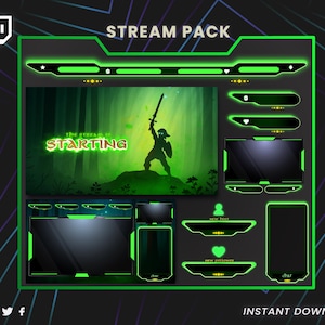 May include: A digital stream pack with a green and black design. The pack includes various overlay elements, such as a banner that says "STREAM PACK", a screen with a forest scene, and chat boxes. The text "THE STREAM IS STARTING" is visible.