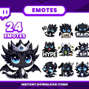 以下が含まれることがあります： ドラゴンをテーマにした24個の絵文字が描かれたデジタルグラフィック。黒いドラゴンは青い目を持ち、王冠をかぶったものなど、さまざまな表情をしています。「EMOTES」と「INSTANT DOWNLOAD ITEMS」の文字が含まれています。