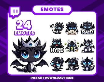 24 Black Dragon Emote Pack, High-Resolution Twitch Emotes, Discord Emotes, PNG Emotes for Streamers, Unique Emotes for Twitch
