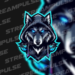 Puede incluir: Ilustración digital de la cabeza de un lobo con capucha, con ojos azules brillantes y un contorno turquesa. El lobo está representado en tonos grises y negros, con un pecho blanco y un diseño estilizado. El fondo es oscuro.