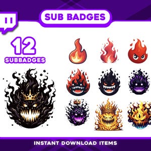 Peut inclure: Ensemble de 12 badges de souscription sur le thème du feu. Les badges présentent divers motifs de flammes et de monstres dans des tons de rouge, orange, noir et violet. Le texte "SUB BADGES" et "INSTANT DOWNLOAD ITEMS" est également visible.