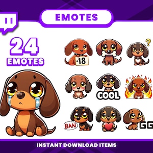 Puede incluir: Un conjunto de 24 emotes de Twitch de perro salchicha. Los emotes presentan varias expresiones y acciones, incluyendo llorar, cool y GG. Los emotes están diseñados en un estilo de dibujos animados con colores brillantes y detalles juguetones.