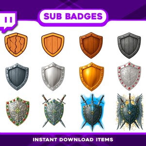 Op de afbeelding: Een verzameling van twaalf schildvormige sub-badges met verschillende ontwerpen. De schilden hebben texturen zoals hout en metaal, en sierlijke patronen. De tekst "SUB BADGES" en "INSTANT DOWNLOAD ITEMS" worden weergegeven.