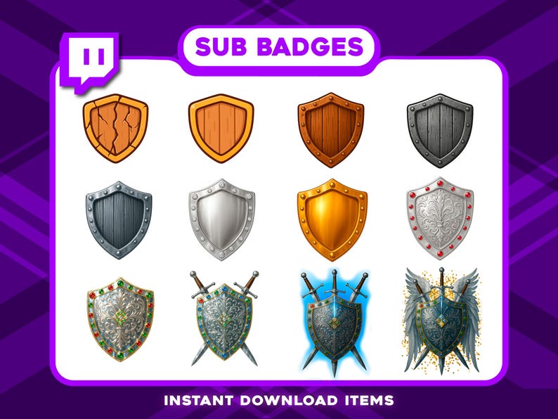Op de afbeelding: Een verzameling van twaalf schildvormige sub-badges met verschillende ontwerpen. De schilden hebben texturen zoals hout en metaal, en sierlijke patronen. De tekst "SUB BADGES" en "INSTANT DOWNLOAD ITEMS" worden weergegeven.