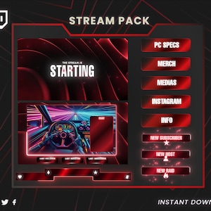 May include: A digital stream pack design with a dark red and black color scheme. The design includes the text "STREAM PACK" and "THE STREAM IS STARTING". It features buttons for PC specs, merch, and social media. The image also includes a car dashboard graphic.