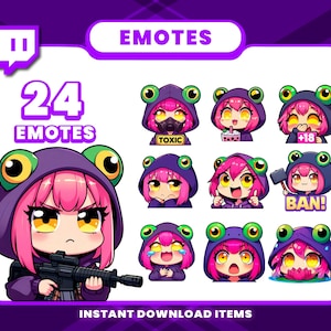 Puede incluir: Un conjunto de 24 emotes de Twitch con un personaje de dibujos animados con cabello rosado y una cabeza de rana. Los emotes representan al personaje en varias poses y expresiones, incluyendo sosteniendo un arma, llorando y usando un sombrero que dice "Tóxico".