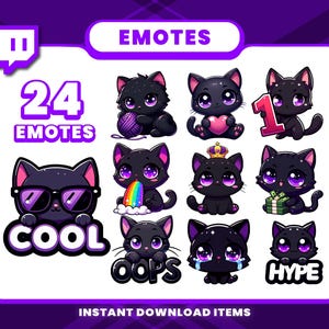 24種類の黒猫アニメーションエモート、Twitchエモート、ストリーミング用の黒猫GIFエモート、Discord用エモート、高品質のアニメーションエモートパック