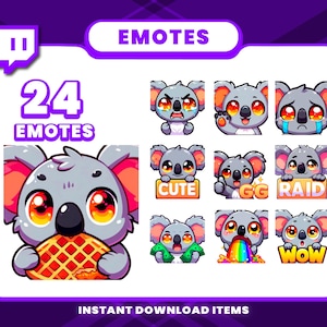 May include: A set of 24 Twitch emotes featuring a cute cartoon koala with different expressions and text. The emotes include "Cute", "GG", "Raid", and "Wow".