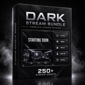 Op de afbeelding: Een zwarte rechthoekige doos met het label Dark Stream Bundle Complete Stream Package met 250+ Stream Assets. De voorzijde toont een digitale interface met een Starting Soon-scherm, een gamekamer-afbeelding en knoppen voor PC Specs, Merch, Socials, About Me en Schedule.