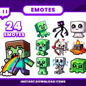 Puede incluir: Un conjunto de 24 emotes de Twitch con temática de Minecraft que presentan varios personajes y expresiones. Los emotes incluyen un creeper llorando, un zombi vomitando un arcoíris, un esqueleto sosteniendo un arco y una flecha, y un fantasma con ojos grandes.