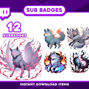 Puede incluir: Gráfico de arte digital con seis insignias de lobo estilizadas. Las insignias son en tonos de gris, blanco y rojo, con llamas, alas y otros efectos. También está presente el texto "SUB BADGES" y "12 SUBBADGES".