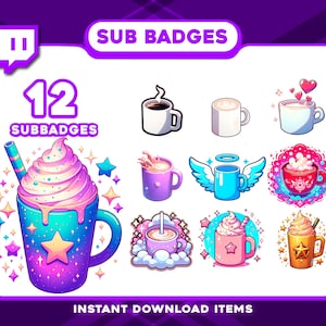 Może przedstawiać: Grafika cyfrowa z 12 odznakami subskrypcji, przedstawiająca motywy kawy i napojów. Odznaki obejmują kubki z bitą śmietaną, kawą i skrzydłami anioła, w fioletowo-zielonej kolorystyce. Obecny jest również tekst "SUB BADGES" i "12 SUBBADGES".
