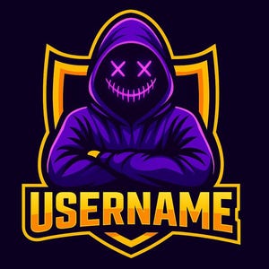 Puede incluir: Una figura con capucha morada con ojos tachados y una sonrisa cosida, sobre un emblema en forma de escudo. La palabra "USERNAME" se muestra en naranja, con contorno dorado, en la parte inferior del diseño. El fondo es azul oscuro.