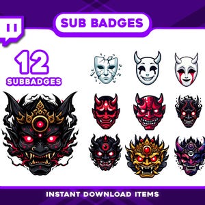 Puede incluir: Un conjunto de 12 insignias de suscripción de Twitch con diseños de demonios y máscaras. Las insignias incluyen una máscara agrietada, máscaras sonrientes y varias caras inspiradas en oni en rojo, negro y dorado, con ojos rojos brillantes. El texto "SUB BADGES" y "12 SUBBADGES" también son visibles.