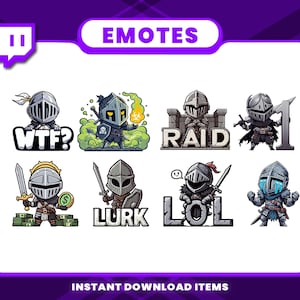 May include: A collection of eight cartoon knight emotes with various expressions and poses. Each knight wears a helmet and armor, and some hold swords or have speech bubbles with text like "WTF?" and "RAID". The background is white with a purple border.