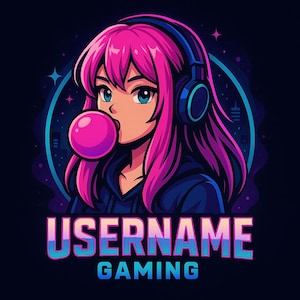 Puede incluir: Ilustración digital de una chica con cabello rosa que usa auriculares y sopla una burbuja. La imagen tiene un fondo azul oscuro con las palabras "USERNAME GAMING" en una fuente colorida.