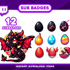 May include: Digital art graphic with 12 sub badges, dragon-themed. Includes a black dragon, dragon eggs, and a flame. Text reads "SUB BADGES" and "12 SUBBADGES". The image is designed for instant download.