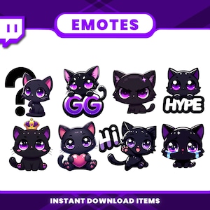 May include: A set of black cat emotes with purple eyes, each displaying different expressions and poses. The word "EMOTES" is displayed at the top, and "INSTANT DOWNLOAD ITEMS" is at the bottom of the image.