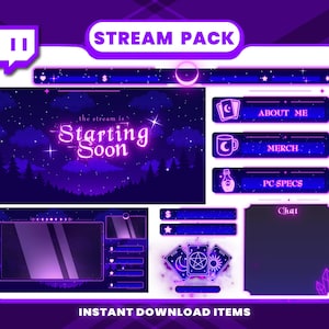 May include: A digital stream pack design in shades of purple and white. The design includes a "Starting Soon" screen, panels for "About Me", "Merch", and "PC Specs", and a chat box. The words "Stream Pack" and "Instant Download Items" are also visible.