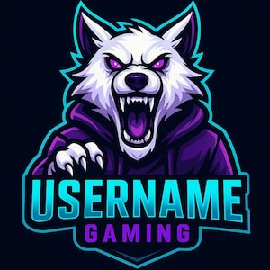 May include: A fierce wolf mascot logo in white, purple, and teal. The wolf is snarling, wearing a purple hoodie, and has glowing purple eyes. The text "USERNAME GAMING" is displayed in teal and purple below the wolf.
