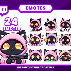 24個のピンク猫エモートパック、高解像度Twitchエモート、Discordエモート、ストリーマー向けPNGエモート、Twitch向けユニークエモート、かわいいエモート