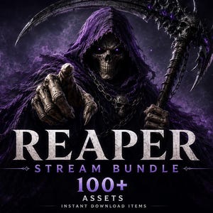 Puede incluir: Un gráfico digital que muestra una figura esquelética con una capa morada oscura con capucha que sostiene una guadaña. El texto dice REAPER STREAM BUNDLE, 100+ ASSETS e INSTANT DOWNLOAD ITEMS. La figura tiene ojos morados brillantes y una mano.