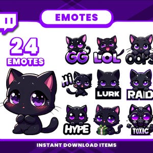24 Black Cat Emote Pack, High-Resolution Twitch Emotes, Discord Emotes, PNG Emotes for Streamers, Unique Emotes for Twitch