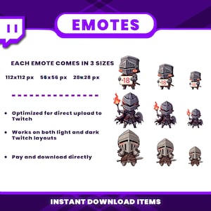 May include: A set of three animated Twitch emotes featuring a knight in different sizes: 112x112 pixels, 56x56 pixels, and 28x28 pixels. The knight is wearing silver armor and holding a sign that says "18". The emotes are optimized for direct upload to Twitch and work on both light and dark layouts.