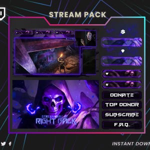 Può includere: Un pacchetto di streaming digitale a tema dark fantasy. Il design presenta un teschio con accenti viola brillante, una scena di dungeon e pulsanti per donazioni e abbonamenti. Il testo "STREAM WILL BE RIGHT BACK" è visibile.