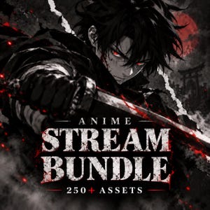 Pode incluir: Um gráfico digital apresentando um personagem de anime de cabelos escuros com olhos vermelhos brilhantes segurando uma espada. O texto diz ANIME STREAM BUNDLE 250+ ASSETS em letras brancas sobre um fundo preto e vermelho com um torii.